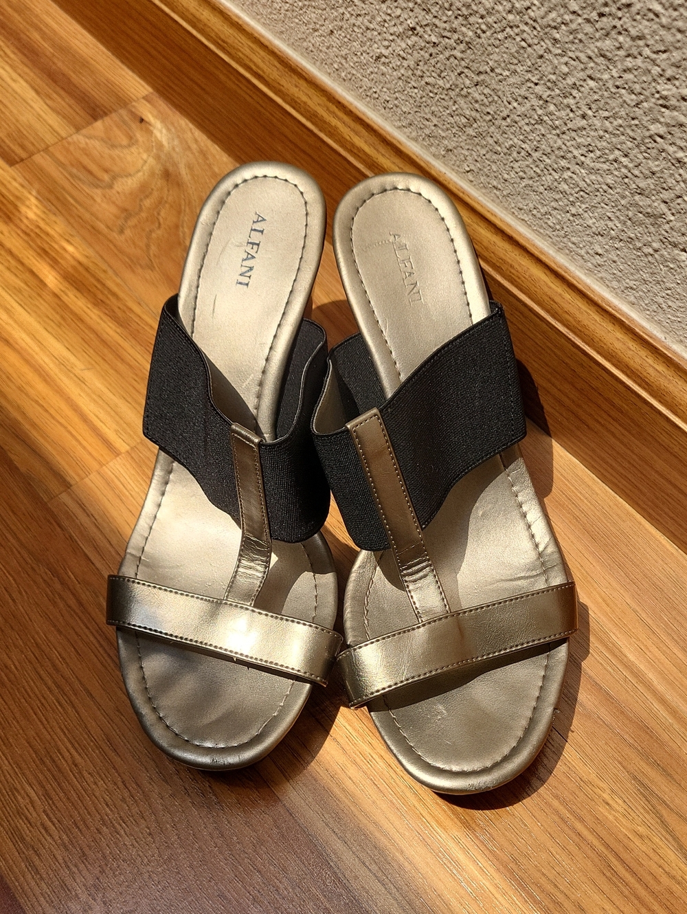 Alfani Gold Metallic Slide Sandals with Black Elastic Band